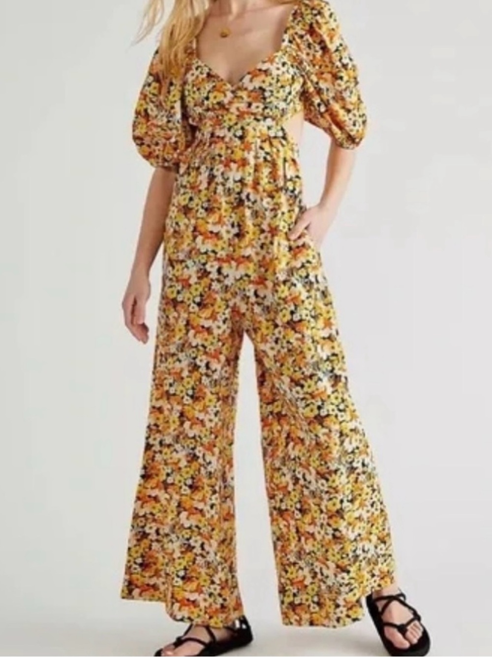 Free People Printed Amy Floral Wide Leg Jumpsuit XL Puff Sleeve
